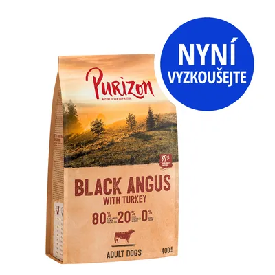 Purizon Black Angus with Turkey, 80 % black angus a krůta, 20 % ovoce a zelenina, 0 % obilovin, 400 g, pro dospělé psy. Modrý kruh s textem: Nyní vyzkoušejte.