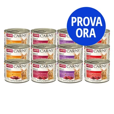 12 lattine di cibo per gatti Animonda Carny Adult, vari gusti visibili: Rind & Huhn, Rind & Herz, Rind & Lamm, Rind pur. Cerchio blu con testo: PROVA ORA.