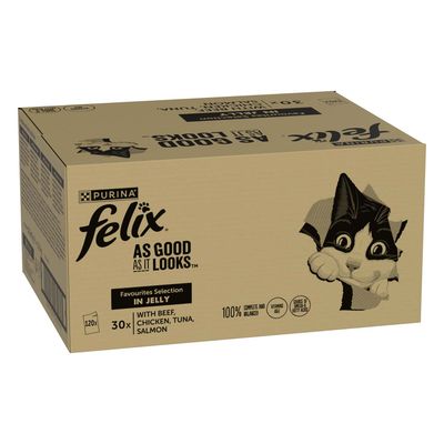 Purina Felix As Good As It Looks Ocean Feasts Selection in Jelly, 30x with Plaice, Salmon, Tuna, Cod, 100% complete and balanced, Vitamins A & E