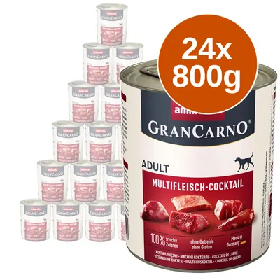 GranCarno Adult Multifleisch-Cocktail, balení 24×800 g konzerv. Text: 100% frische Zutaten, ohne Getreide ohne Gluten, Made in Germany.