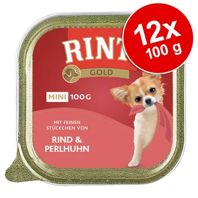 RINTI Gold MINI 100 g, 12×100 g, mit feinen Stückchen von Rind & Perlhuhn. Na obalu je malý pes s červenou stuhou v tlamě.