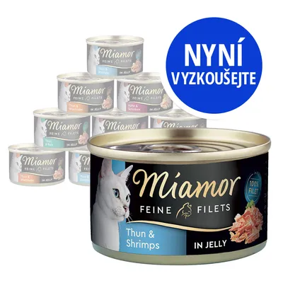 Konzerva Miamor Feine Filets Thun & Shrimps in Jelly, nápis NYNÍ VYZKOUŠEJTE. Na pozadí různé varianty konzerv Miamor Feine Filets.