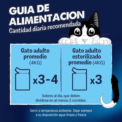 Cantidades recomendadas: Gato adulto promedio (4 kg), 3-4 sobres al día; gato esterilizado (4 kg), 3 sobres al día, repartidos en al menos 2 comidas.