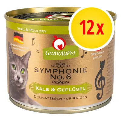 GranataPet Symphonie No. 6 Kalb & Geflügel, Delicatessen für Katzen, bez obilovin, balení 12× konzerva, vyrobeno v Německu. Na obalu obrázek kočky a noty.