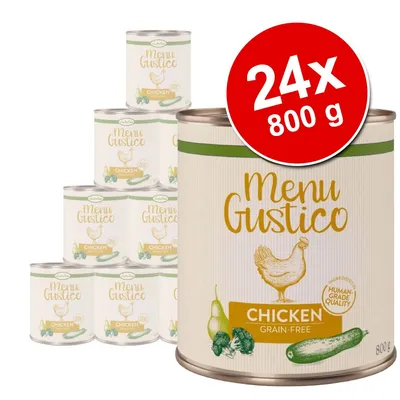 Menu Gustico Chicken Grain-Free, balenie 24×800 g konzerv. Na etikete kura, zelenina a text Human Grade Quality. Viditeľné plechovky s hmotnosťou 800 g.