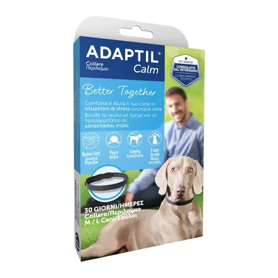 Adaptil Calm Collare M/L per cani, 30 giorni. Testo visibile: 'Conforta e aiuta il tuo cane in situazioni di stress ovunque vada'. Consigliato dai veterinari, clinicamente testato. Adaptil Calm Collare M/L per cani, 30 giorni. Testo visibile: 'Conforta e aiuta il tuo cane in situazioni di stress ovunque vada'. Consigliato dai veterinari, clinicamente testato.