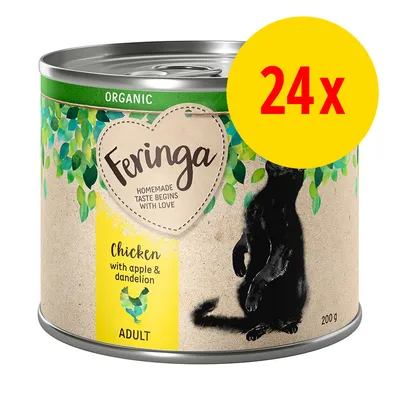 Lot de 24 boîtes Feringa Organic, Chicken with apple & dandelion, ADULT, 200 g. Texte visible : Homemade taste begins with love.