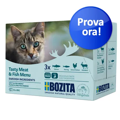 Confezione Bozita Tasty Meat & Fish Menu per gatti, 12x85g, gusti salmone, aringa, pollo extra, renna. Testo visibile: Prova ora!, grain free, Swedish ingredients.