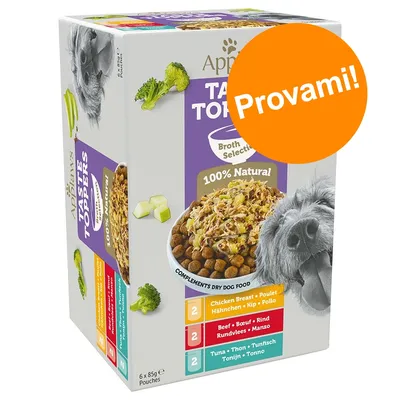 Confezione Applaws Taste Toppers Broth Selection, 100% Natural, 6x85g. Gusti: 2 Pollo, 2 Manzo, 2 Tonno. Etichetta arancione con testo 'Provami!'. Immagine di cane e ciotola di crocchette. Confezione Applaws Taste Toppers Broth Selection, 100% Natural, 6x85g. Gusti: 2 Pollo, 2 Manzo, 2 Tonno. Etichetta arancione con testo 'Provami!'. Immagine di cane e ciotola di crocchette.