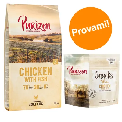 Purizon Chicken with Fish per gatti adulti, sacco da 6,5 kg e snack da 40 g. Testo visibile: 70% ingredienti animali, 30% frutta/verdura, 0% cereali. Bollino arancione: Provami!