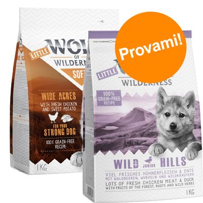 Set prova! 2 x 1 kg Little Wolf of Wilderness Junior Crocchette per cane Mix 1: Wild Hills - Anatra e Soft Wide Acres - Pollo