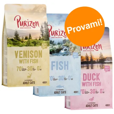 Purizon Venison with Fish, Fish, Duck with Fish per gatti adulti, 400 g. Testo arancione: Provami! Percentuali visibili: 70 % ingredienti animali, 30 % vegetali, 0 % cereali.