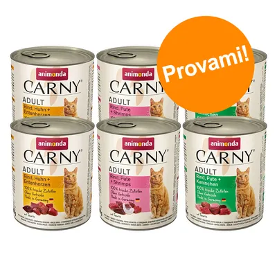 6 lattine Animonda Carny Adult per gatti, vari gusti: Rind, Huhn + Entenherzen; Rind, Pute + Shrimps; Rind, Pute + Kaninchen. Testo arancione: Provami!