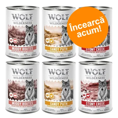 Wolf of Wilderness conserve 400g: Muddy Routes, Sandy Path, Stony Creek. Text portocaliu: Încearcă acum! Wolf of Wilderness conserve 400g: Muddy Routes, Sandy Path, Stony Creek. Text portocaliu: Încearcă acum!