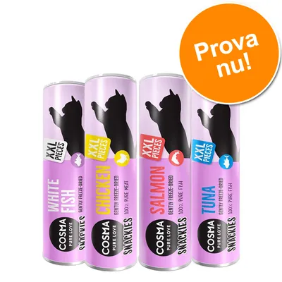 Fyra rör Cosma Snackies XXL: White Fish, Chicken, Salmon, Tuna. Text på orange cirkel: Prova nu! Synliga etiketter med siluett av katt och smaksorter.