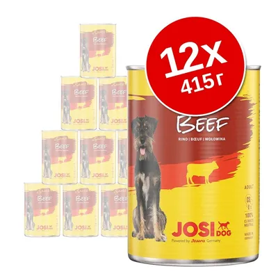 Набор из 12 консервов JosiDog Beef по 415 г. На банке изображён чёрный пёс, надписи: Beef, Rind, Bœuf, Wołowina, Adult, 100% climate neutral, Made in Germany.