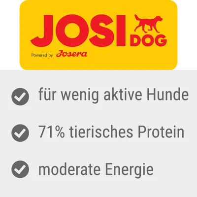 JosiDog powered by Josera. Für wenig aktive Hunde, 71% tierisches Protein, moderate Energie.