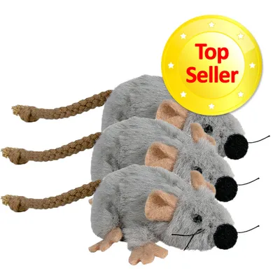 Lot de 3 souris en peluche grise avec queue tressée, étiquette jaune « Top Seller » visible sur l’image.