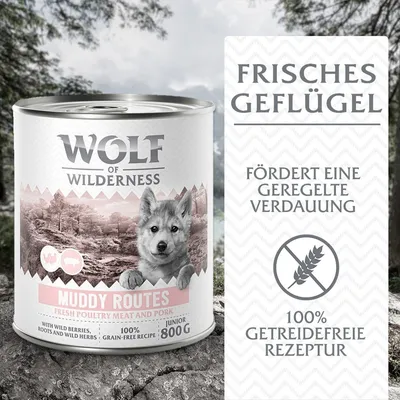 Wolf of Wilderness Junior mokra hrana za pse, Muddy Routes s svežo perutnino, divjimi zelišči in koreninami. Podpira urejeno prebavo, 100% brez žit, 800g konzerva.