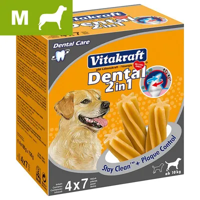 Vitakraft Dental 2 in 1, Stay Clean + Plaque Control, 4 x 7 piezas, para perros a partir de 10 kg. Imagen del producto y perro en el envase. Tamaño M indicado en recuadro verde.