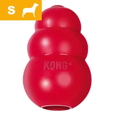 KONG rød hundelegetøj, størrelse S, synligt mærketekst 'KONG' på produktet. Hundesymbol og bogstavet S i gul hjørneboks.
