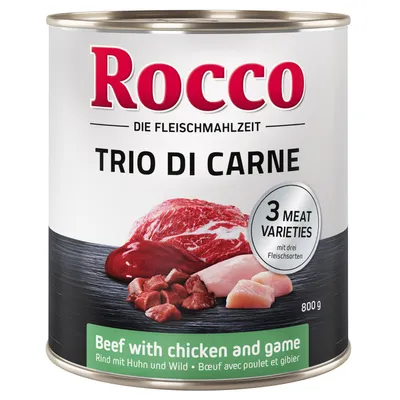 Rocco Trio di Carne, 800g konzerva. Tři druhy masa: hovězí, kuřecí a zvěřina. Popis: 'Die Fleischmahlzeit' a '3 Meat Varieties'.