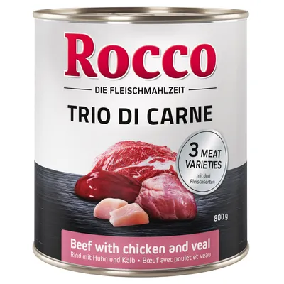 Rocco Trio di Carne, 800g konzerva. Tři druhy masa: hovězí, kuřecí a telecí. Popis: 'Die Fleischmahlzeit' a 'Beef with chicken and veal'.