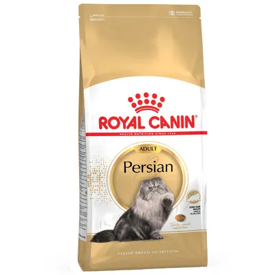 Royal Canin Adult Persian alimento para gatos persas, envase con imagen de un gato de pelo largo y referencia a nutrición adaptada para la salud del pelaje.