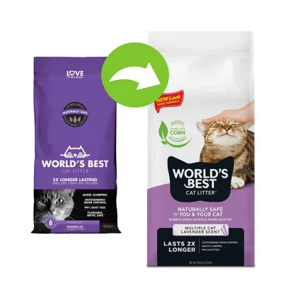 Image showing old and new packaging for World's Best Cat Litter, highlighting a new look with the same formula, lavender scent, quick clumping, odour control, and dust-free features.