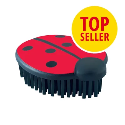 Leppäkertun muotoinen musta-punainen harja, keltainen ympyrä jossa punaisella teksti TOP SELLER Leppäkertun muotoinen musta-punainen harja, keltainen ympyrä jossa punaisella teksti TOP SELLER