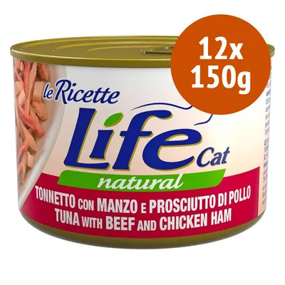 Life Cat natural, thon avec bœuf et jambon de poulet, lot de 12x150g. Texte visible en italien et anglais sur l’emballage.