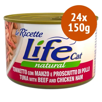 Life Cat natural, thon avec bœuf et jambon de poulet, lot de 24x150g. Texte visible en italien et anglais sur l’emballage.