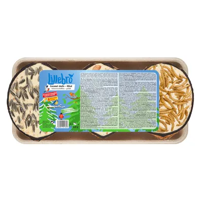 Lillebro Coconut shells – filled, plateau de 3 demi-noix de coco garnies, graines de tournesol visibles à gauche, vers séchés à droite, étiquette multilingue sur le dessus.