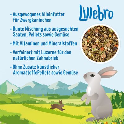 Lillebro Alleinfutter für Zwergkaninchen. Mischung aus Saaten, Pellets, Gemüse. Mit Vitaminen, Mineralstoffen, Luzerne für Zahnabrieb. Ohne künstliche Aromastoffe.