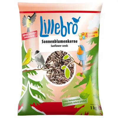 Lillebro sunflower seeds, ambrosia controlled, genuine natural product, suitable for all seasons. Packaging shows birds and 1 kg content.
