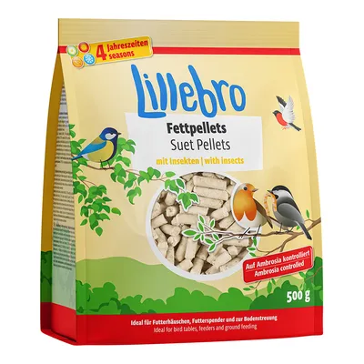 Lillebro Fettpellets Suet Pellets mit Insekten, 4 saisons, Ambrosia kontrolliert, 500 g. Mélange de pellets visibles à travers une fenêtre sur l'emballage.