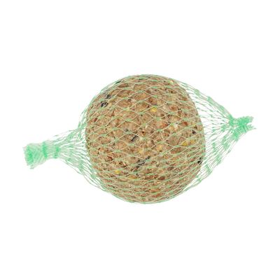 Vetbol voor vogels in groen net, zichtbaar zaden en granenmix. Product zonder merknaam of extra tekst.