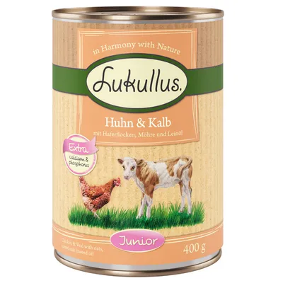 Conservă Lukullus Huhn & Kalb, Junior, cu fulgi de ovăz, morcov și ulei de in. Calciu și fosfor suplimentar. Greutate: 400 g.
