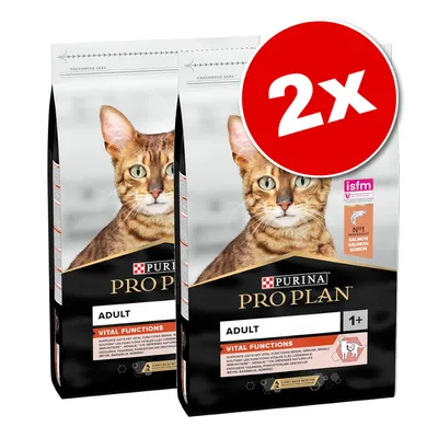 Два пакета PURINA PRO PLAN Adult 1+ суха храна за котки, с етикет '2x' и видим текст: VITAL FUNCTIONS, NO1 INGREDIENT SALMON, isfm.