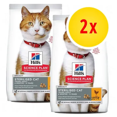 Lot de 2 sacs Hill's Science Plan Sterilised Cat Young Adult 6 months–6 years, poulet, pour chats stérilisés. Texte visible en anglais sur l'emballage.