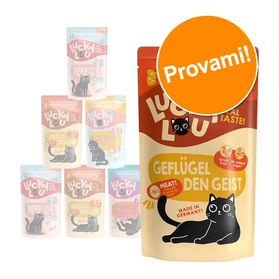 Confezione Lucky Lou Geflügel den Geist per gatti, 96% carne, senza cereali, senza zuccheri aggiunti, Made in Germany. Etichetta arancione con testo: Provami!