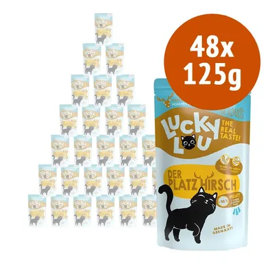 Confezione multipla Lucky Lou Der Platzhirsch per gatti adulti, 48 buste da 125 g. Testo visibile: 'The real taste!', 'Grain free', 'No added sugar', '96% meat', 'Made in Germany!'.
