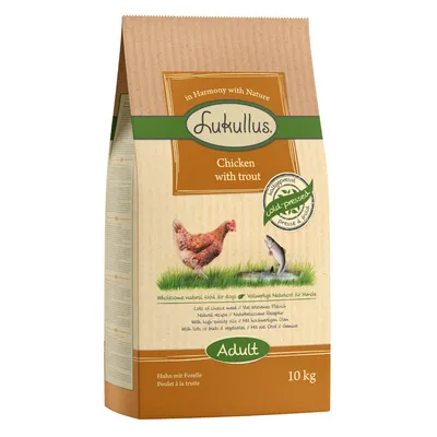 Lukullus Adult pollo con trucha, prensado en frío, 10 kg. Alimento natural completo para perros con carne de calidad, frutas y verduras.
