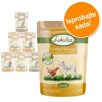 Lukullus Geflügel & Lamm Adult, 300 g. Natpis: Isprobajte sada! Pakiranja s različitim okusima u pozadini. Tekst na njemačkom i engleskom jeziku vidljiv na ambalaži.