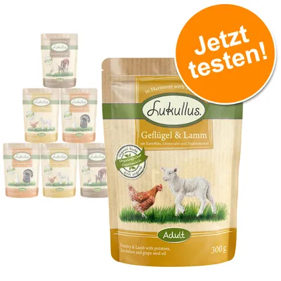 Lukullus Geflügel & Lamm Adult, mit Kartoffeln, Löwenzahn und Traubenkernöl, 300g. Siegel: Ursprünglicher Geschmack. Orange Kreis: Jetzt testen!