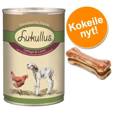 Lukullus-kokeilupakkaus 6 x 400 g/800 g + 12 x 5 cm puruluut - kani ja peura 6 x 800 g