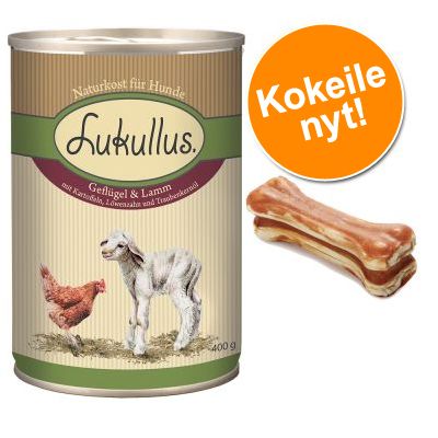 Lukullus-kokeilupakkaus 6 x 400 g/800 g + 12 x 5 cm puruluut kani ja peura 6 x 800 g