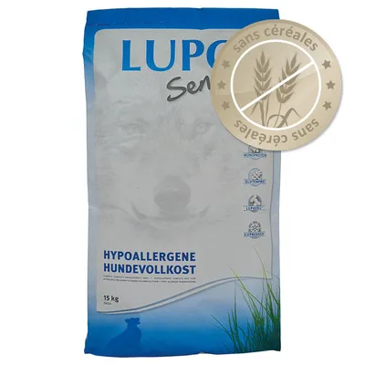 Sachet de 15 kg LUPO Sensitiv, texte visible : HYPOALLERGENE HUNDEVOLLKOST, pictogrammes monoprotein, sans gluten, LupoZell, pressé à froid, badge rond « sans céréales »