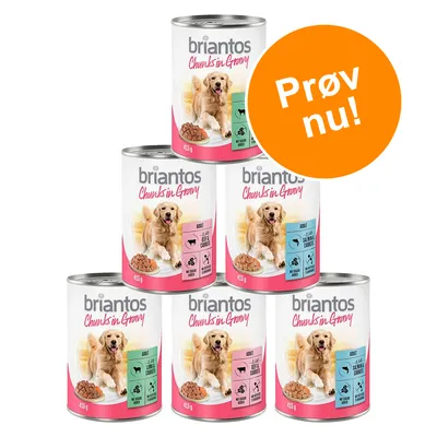 6 dåser Briantos Chunks in Gravy hundemad 415 g, synlige varianter: Lamm & Gulerod og Kylling & Gulerod. Orange cirkel med teksten 'Prøv nu!'.
