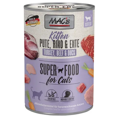 MAC's Kitten Pute, Rind & Ente Turkey, Beef & Duck. Super Food for Cats. Grainfree, High Meat Content. Made in Germany. Alimento completo per gattini adolescenti.